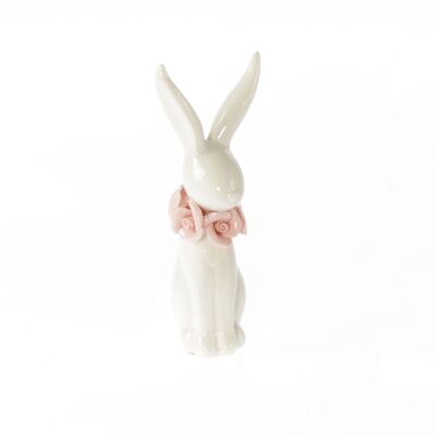 Porcelain rabbit with rosary, 6.5 x 6 x 14.5 cm, white/pink, 809293