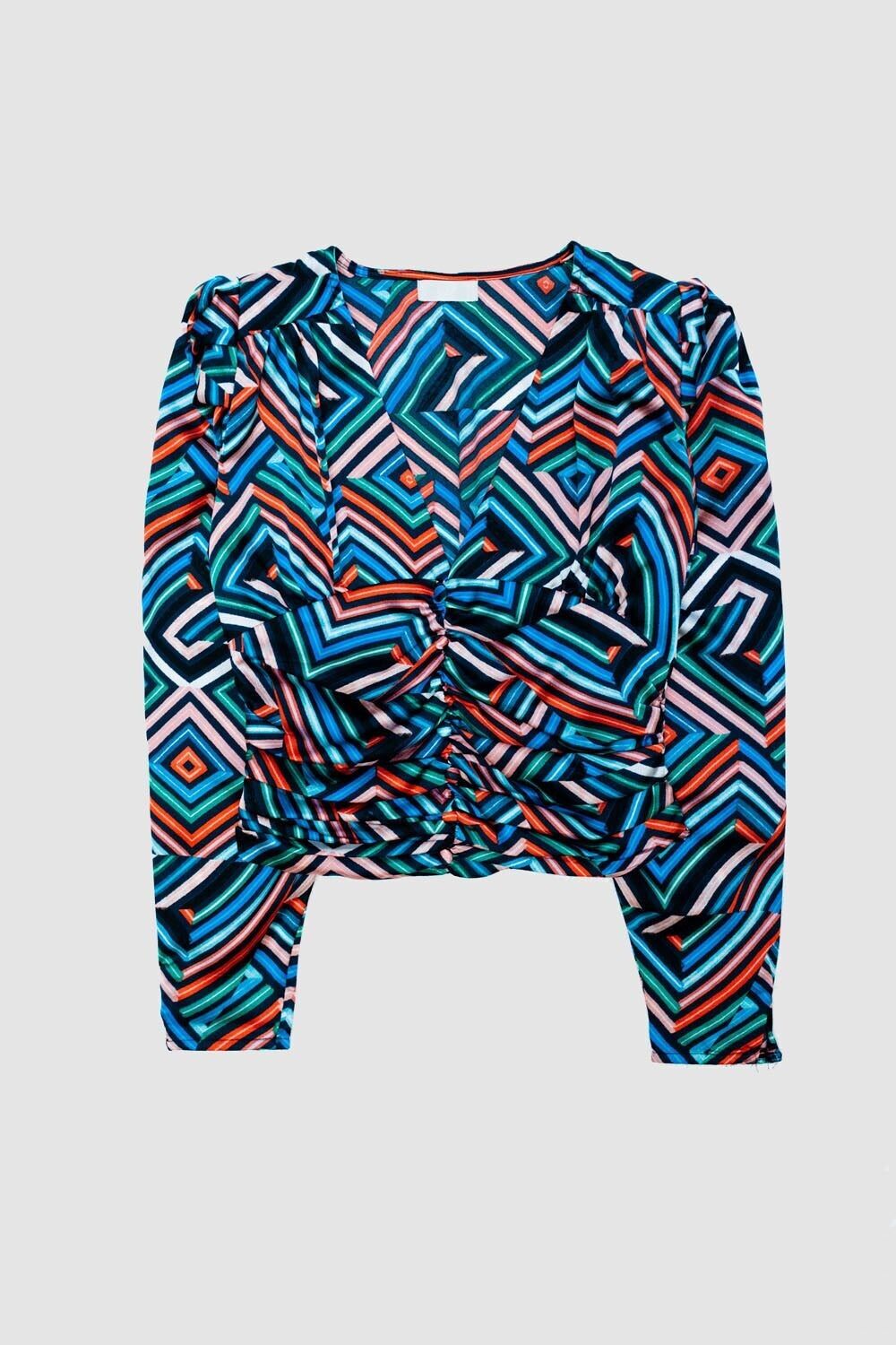 Bluse mit geraffter Taille und V-Ausschnitt in grünem Geomuster