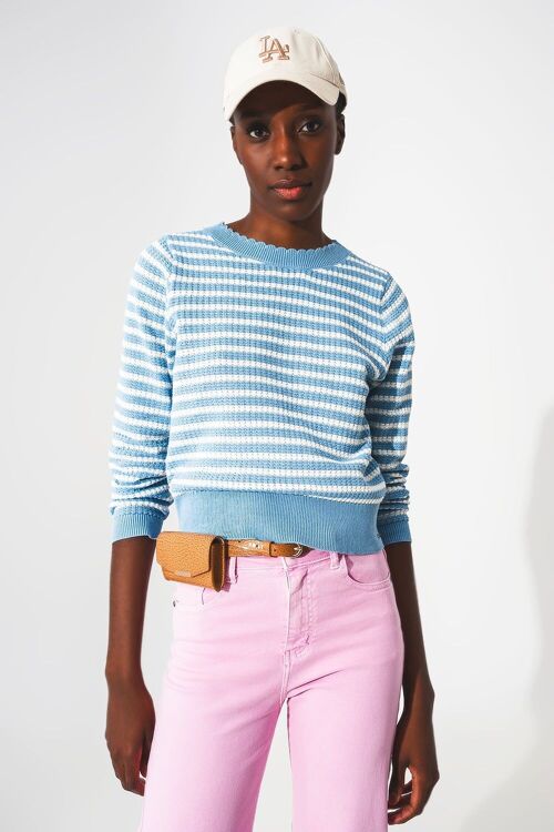 Blue striped sweater with ruffled trim