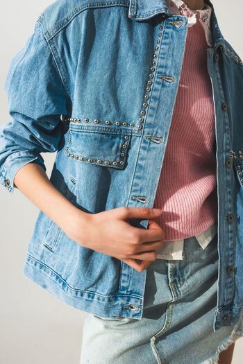 Veste en jean utilitaire grand-père cloutée à délavage moyen 4