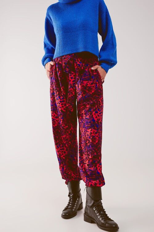 Animal print belted straight leg pants in red