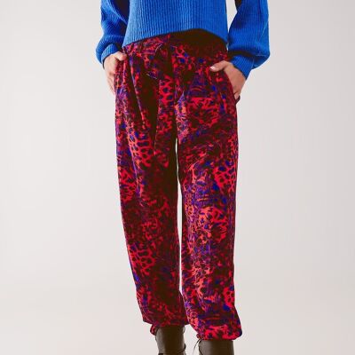 Animal print belted straight leg pants in red
