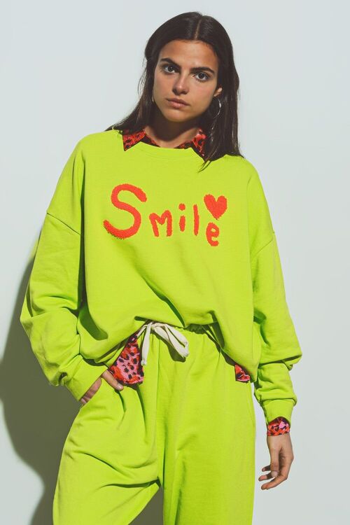 Oversized smile Text Sweatshirt in Lime