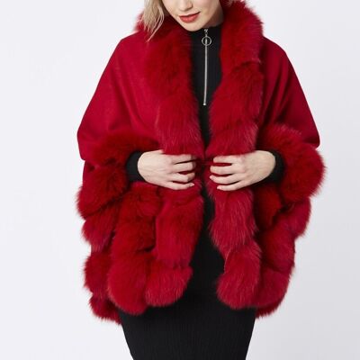 Red Evelyn Cashmere Cape with Fox Fur Trim