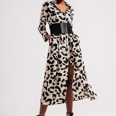 Maxi abito chemisier in crema animalier