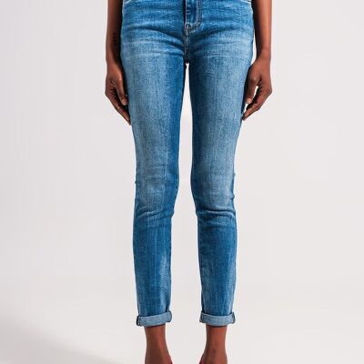 High waist Elastic skinny jeans in mid blue