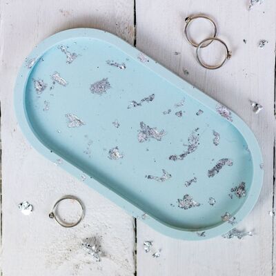 Jesmonite oval trinket tray, pastel blue with silver leaf