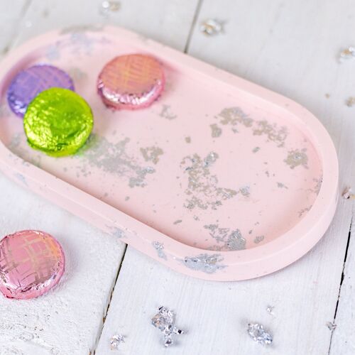 Jesmonite oval trinket tray, pastel pink with silver leaf