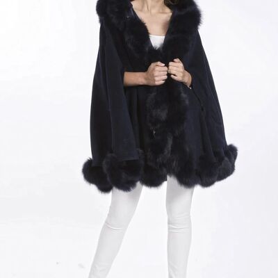 Navy Cashmere Hooded and Fox Fur Cape Coat