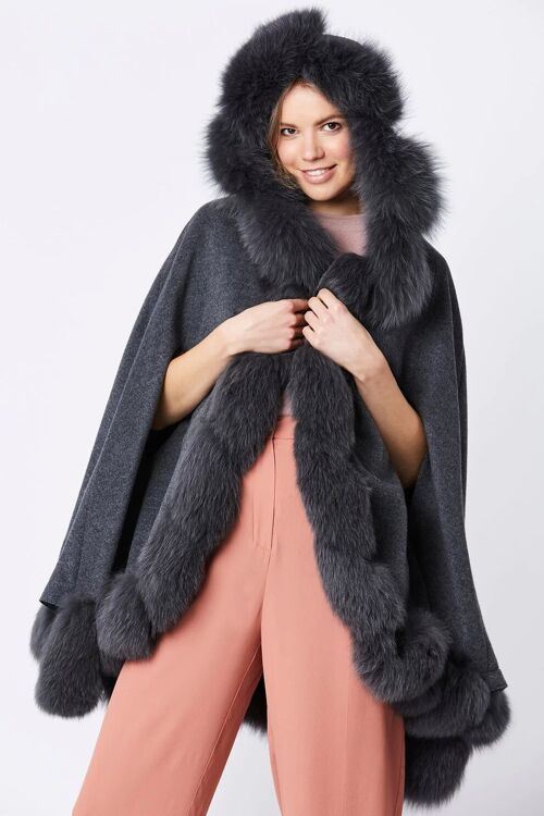 Grey Cashmere Hooded and Fox Fur Cape Coat
