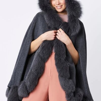 Mantella in cashmere grigio con cappuccio e pelliccia di volpe