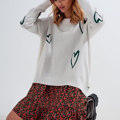 Cream sweater with heart print