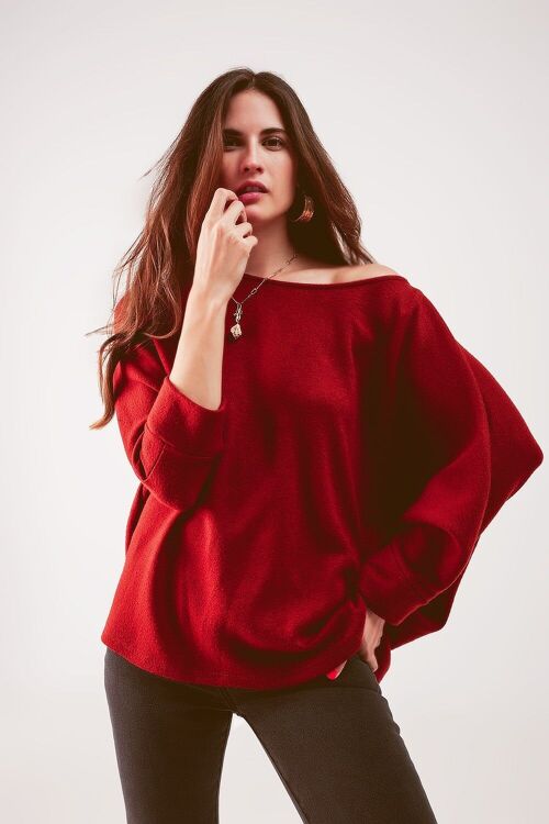 Boat neck batwing sweater in red orange