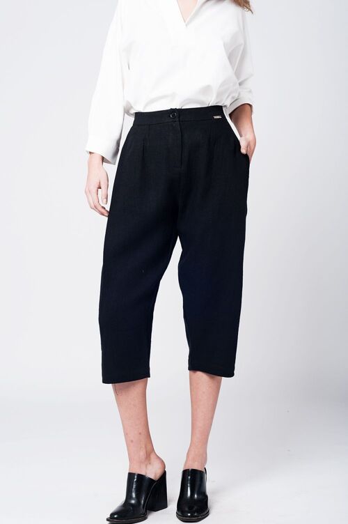 Midi linen tweezer pants in black