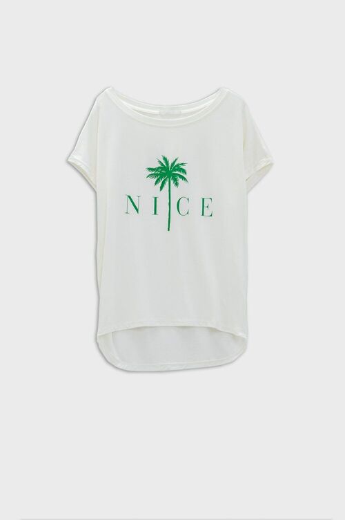 White shirt with a palm tree print in green