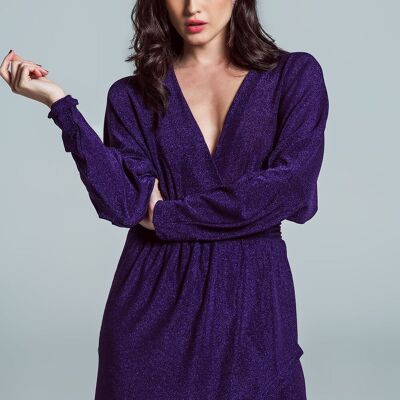 Mini length glitter dress with deep V neck in purple