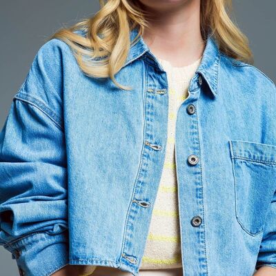Basic cropped denim jacket in light blue With Chest Pocket