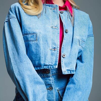 cropped relaxed denim jacket with chest welt pockets in light wash