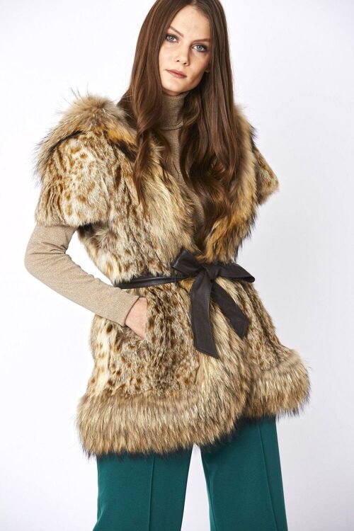 Mocha Leopard Print Hand-painted Hooded Fox & Coney Fur Coat