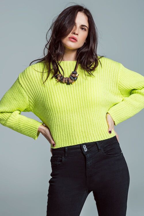 Relaxed Ribbed Boat Neck Sweater in Lime Green