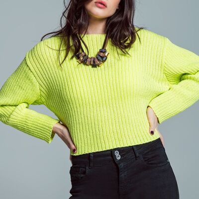 Relaxed Ribbed Boat Neck Sweater in Lime Green