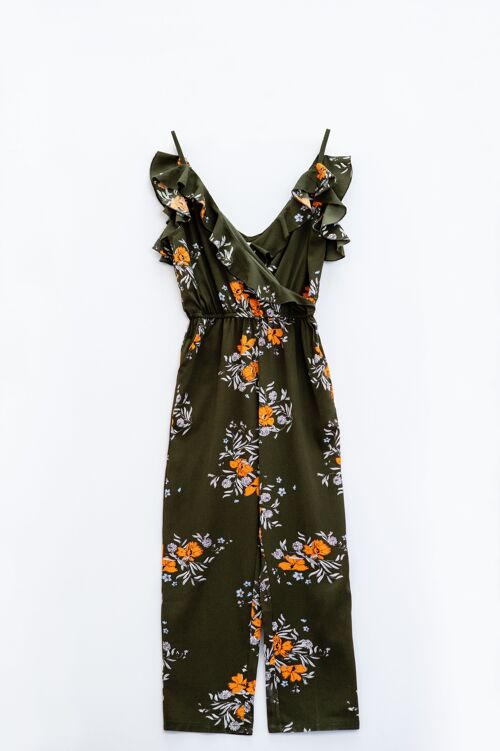 Green jumpsuit with floral print