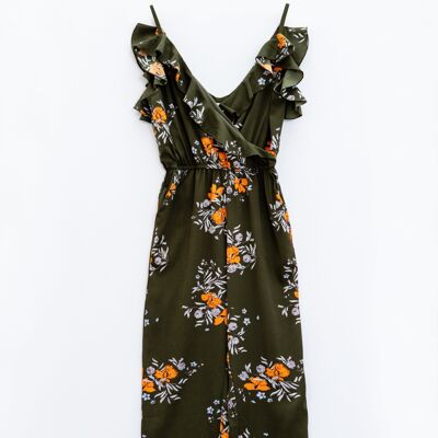 Green jumpsuit with floral print