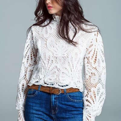 Long-sleeved white crochet top