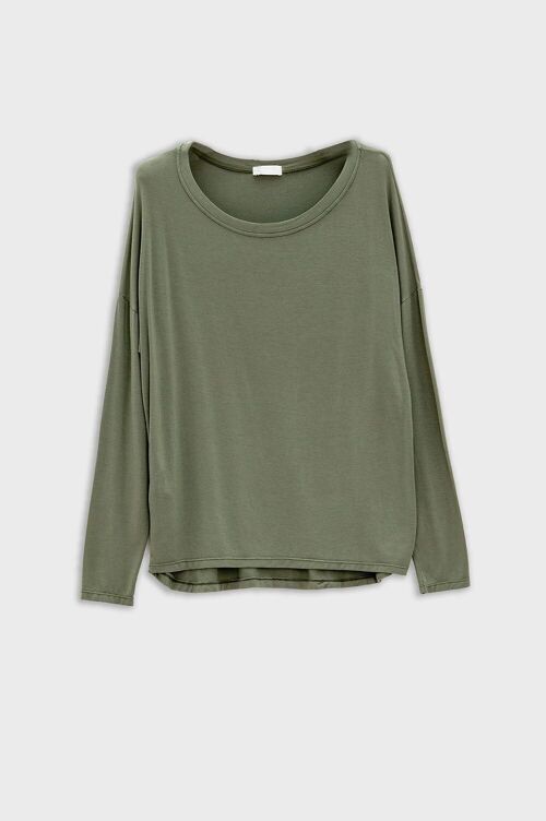 Boat neck Long sleeve t shirt in modal in Khaki color