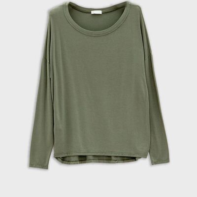 Boat neck Long sleeve t shirt in modal in Khaki color