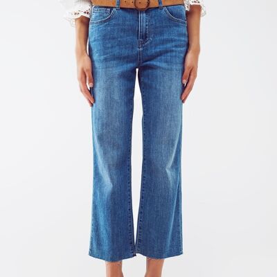 Mid Wash Straight Jeans With Raw Hem in Blue