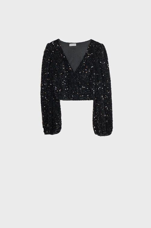 V-Neck Cropped Sequin Top With Balloon Sleeves in Black