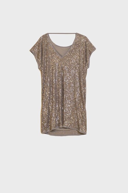 Relaxed Sequin Dress With Short Sleeves and Open Back in Gold