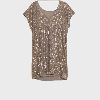 Relaxed Sequin Dress With Short Sleeves and Open Back in Gold