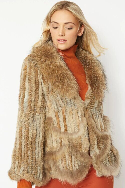 Mocha Scalloped Coney Fur Jacket With Fox Fur Collar
