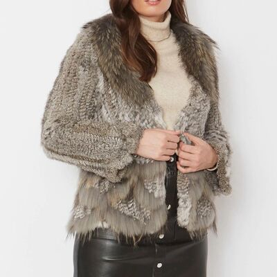 Grey Scalloped Coney Fur Jacket With Fox Fur Collar