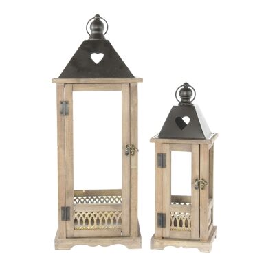 Wooden lantern set w. Metal roof, 14.5 x 39 cm/21 x 55 cm, brown, 804427