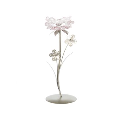 Portavelas de cristal flor, 1 juego, 13,5 x 10,5 x 28 cm, rosa, 805677