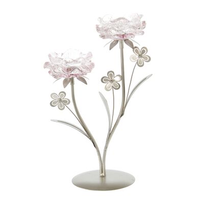 Glass tea light holder flower set of 2, 21.5 x 12.5 x 32 cm, pink, 805684