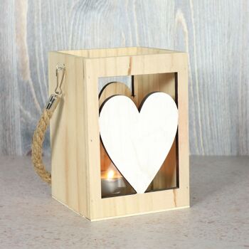 Lanterne en bois avec coeur, 12,5 x 12,5 x 18 cm, naturel/blanc, 806360 2