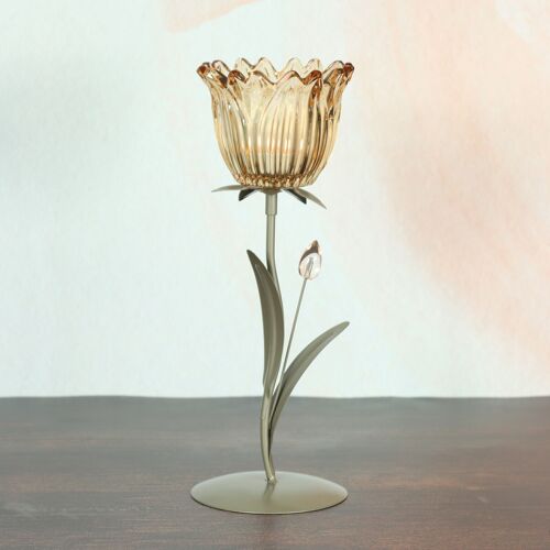 Glas-Teelichthalter Blume 1er, 10,5 x 10,5 x 29 cm, beige, 805738