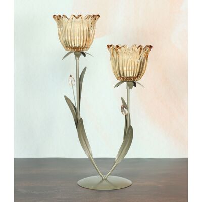 Glass tea light holder flower, set of 2, 22 x 12.5 x 38 cm, beige, 805745