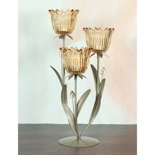 Glas-Teelichthalter Blume 3er, 21,5 x 21 x 43,5 cm, beige, 805752