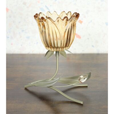 Glass tea light holder flower 1 set, 16.5 x 12 x 18 cm, beige, 815546