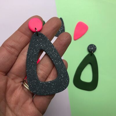 Grey sparkle and neon pink drop earrings
