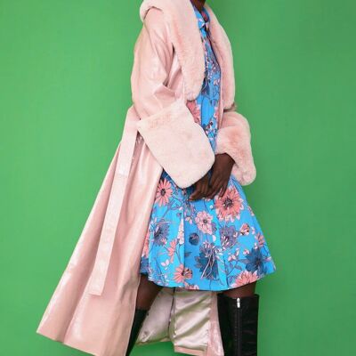 Pink Faux Leather Jacket with Detachable Faux Fur Cuffs and Collar