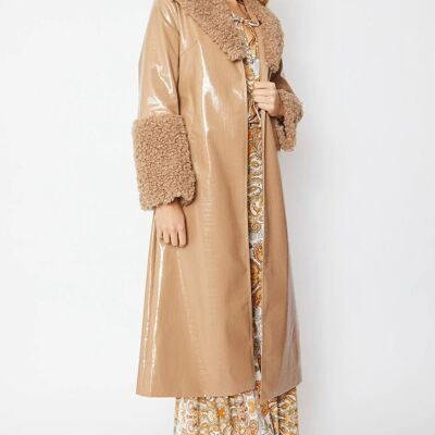 Mocha Faux Leather Trench Coat with Detachable Faux Mongolian Collar and Cuffs