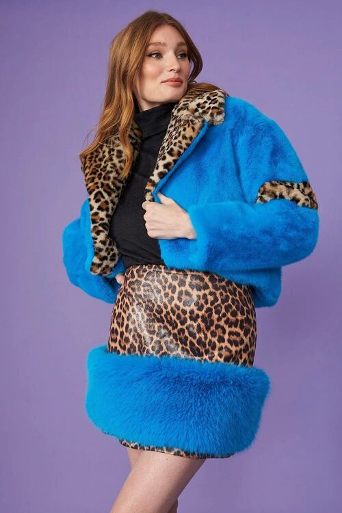Blue Faux Fur Cropped Jacket With Leopard Print Collar