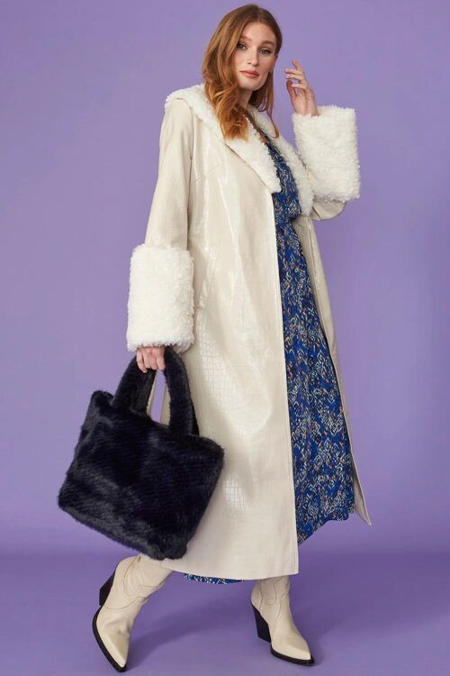 Cream Faux Leather Trench Coat with Detachable Faux Mongolian Collar and Cuffs