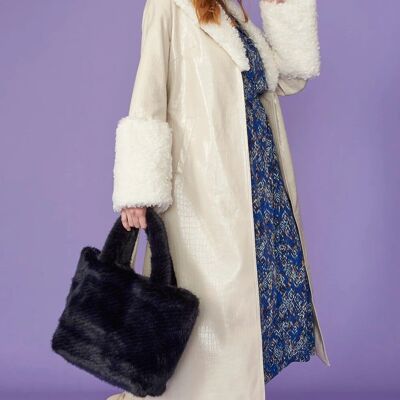 Cream Faux Leather Trench Coat with Detachable Faux Mongolian Collar and Cuffs